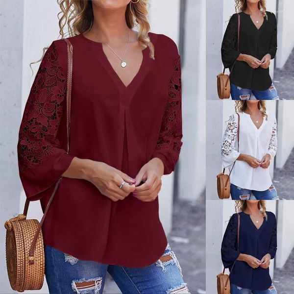 T-shirt da donna manica 3/4 sexy scava fuori tunica top Celmia estate donna camicetta bianca scollo a V pizzo casual sciolto solido ufficio Blusas S-5XL