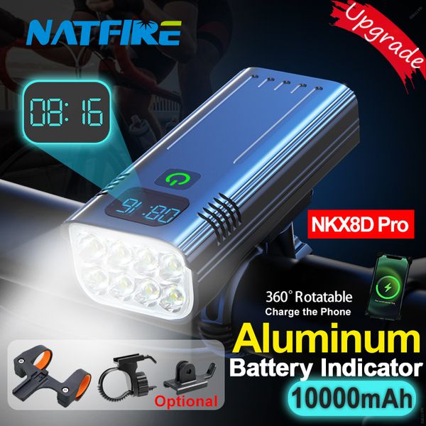 Luzes de bicicleta NATFIRE 10000mAh Luz de bicicleta Indicador de bateria digital USB Conjunto recarregável com 3 suportes 7000LM 8 LED Lanterna 230605