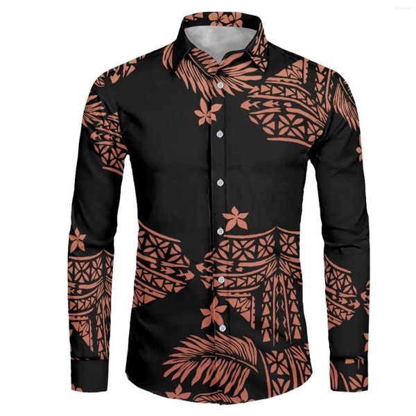 Camisas casuais masculinas polinésias tribais havaianas totem tatuagem estampas do Havaí camisa para homens de manga comprida masculina de ajuste regular com botão para baixo trabalho