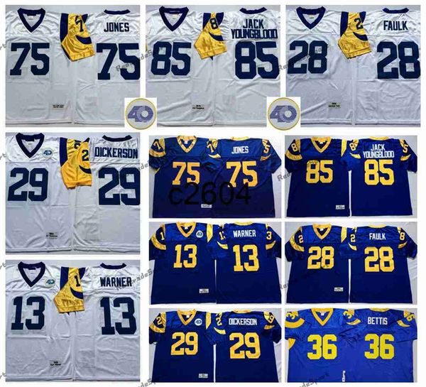 c2604 Vintage 1985 40th 36 Jerome Bettis Football Maglie 29 Eric Dickerson 28 Marshall Faulk 85 Jack Youngblood 13 Kurt Warner 75 Deacon Jones Maglie Camicia blu da uomo