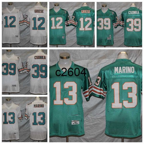 C2604 Mens Vintage Football Jerseys 12 Bob Griese 13 Dan Marino 39 Larry Csonka Retro Jersey Costurado Nome Teal Green Shirts M-XXXL