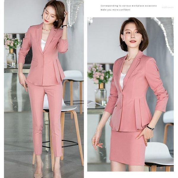 Calças femininas de duas peças Fromal Rosa Blazer Feminino Ternos de negócios Calça e jaqueta Escritório Senhoras Trabalho Vestuário Uniformes Roupas OL Elegante