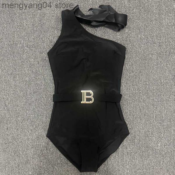 Roupa de banho feminina Roupa de banho 2023 Novidades Feminina Suspensório Cinto Letra de Metal Sexy Black Slim Bodysuits Feminino One Piece Monokini T230606