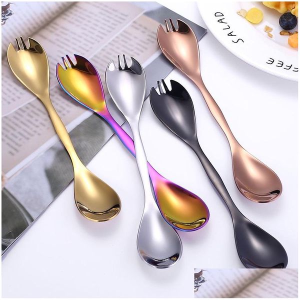 Löffel 2in1 Mtifunction Doppelkopf Löffel Gabel Edelstahl Home Kitchen Dining Besteck Nudeln Eis Dessert Gabeln Besteck Dhark