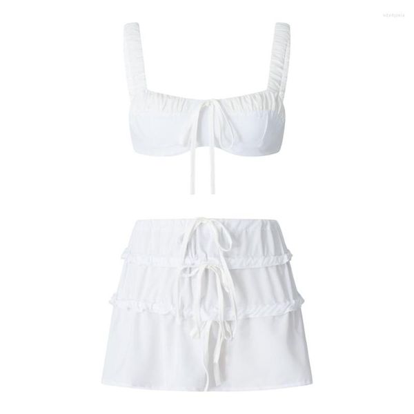 Abiti da lavoro Fairycore Bianco Reggiseno a due pezzi Top Gonna Tute Estate Donna Strappy Taglio basso Bandeau Gilet corto Fasciatura Ruffled Mini