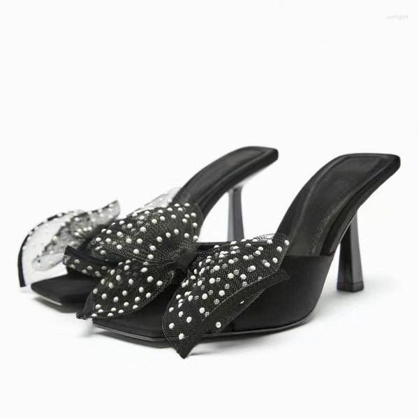 Sandálias Verão Preto Gaze Redondo Dot Laço Slingback Feminino 2023 Cabeça Quadrada Peep Toe Sapatos de Salto Alto Moda Sexy Chinelos