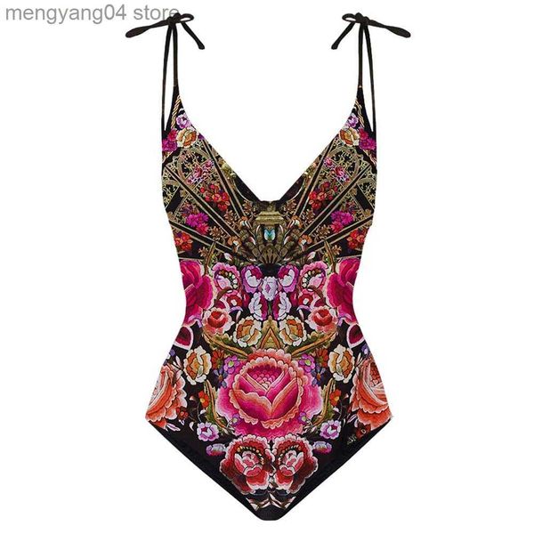 Damen-Bademode, Vintage-Badeanzug mit V-Ausschnitt und Druck, einteiliger Badeanzug, sexy Bikini, 2022, Badebekleidung für Mädchen, Sonnenschutzdruck, Blumenmuster, Batik-Spitze, Streifen, T230606