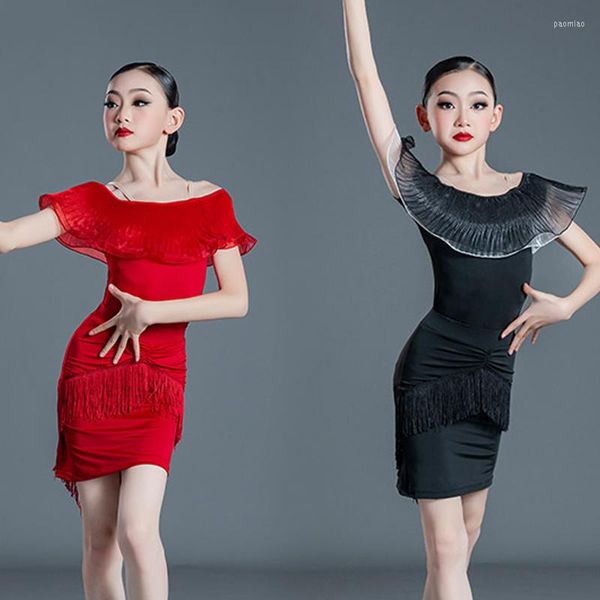 Sahne Giyim Yaz Latin Dans Elbisesi Kızlar İçin Kırmızı Siyah Çırpınlar Top Sivil Etekleri Çocuk Balo Salonu Rekabet Giysileri SL6766