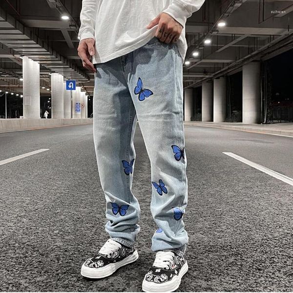 Herren Jeans Harajuku Butterfly Print Washed Blue Jenas Hosen für Herren Retro Straight Vibe Style Ripped Casual Denim Hose Übergröße