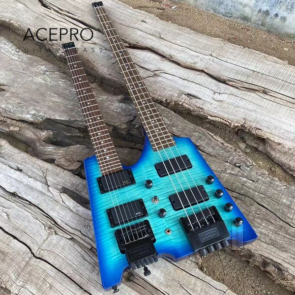 Auf Lager Doppelhals-Headless-E-Gitarre Blue Burst Color Flamed Maple Tremolo Bridge 6-Saiter-Gitarre + 4-Saiter-Bass-Combo