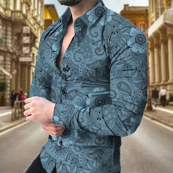 Camisas casuais masculinas barroco para homens 3D manga longa camisa social de luxo com decote em V tops grandes roupas gráficos personalizáveis