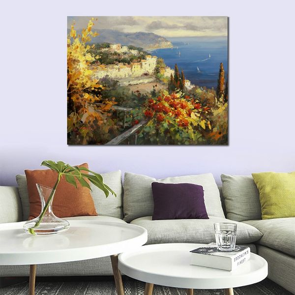 Zeitgenössische Dorflandschaft, mediterrane Meereslandschaft, handgefertigte impressionistische Leinwandkunst für die Wand der Hotellobby