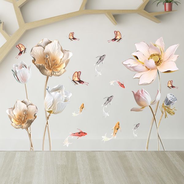 Grande pesce di loto tulipano fiori farfalla adesivi murali camera da letto soggiorno decorazione della parete rilievo floreale decalcomanie della parete decorazione della casa