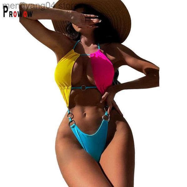 Frauen Badebekleidung Prowow Sexy Hollow Frauen einteilige Badeanzüge Farben Patchwork Fashion Summer Badezweig Schwimmbad 2023 Neue Strandoutfits T230606