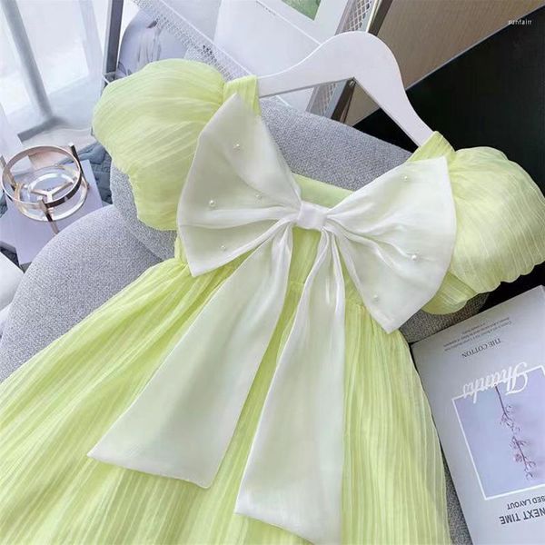 Vestidos de menina vestido de bebê meninas verão verde elegante princesa com laço branco roupas de festa de aniversário para crianças de 1 a 9 anos