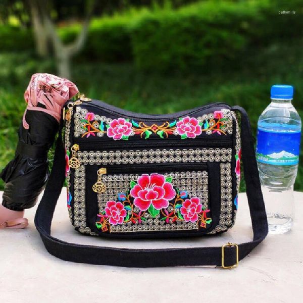 Bolsas de noite Bolsa carteiro multicamada feminina vintage estilo chinês bordado tiracolo transversal grande capacidade alça ajustável ombro