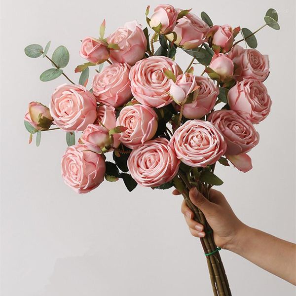 Flores decorativas luxo enorme buquê de rosas com folha de eucalipto flor falsa outono decoração de casa decoração de casamento flores nupciais artificiais