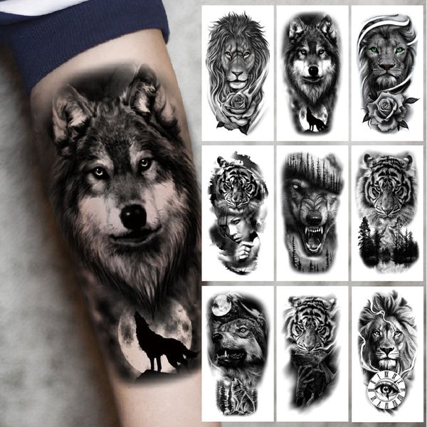 Temporäre Tattoos Oberarm Ärmel Tattoo Krone Löwe Tiger Wolf Kopf Wasserdichte Aufkleber Körperkunst Fake für Frauen Männer 230606