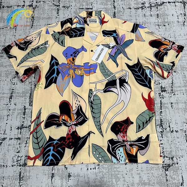 Camicie casual da uomo Giallo Navy Green Hawaii Beach Style Wacko Maria Uomo Donna Camicia con risvolto manica corta stampa fiori con etichette