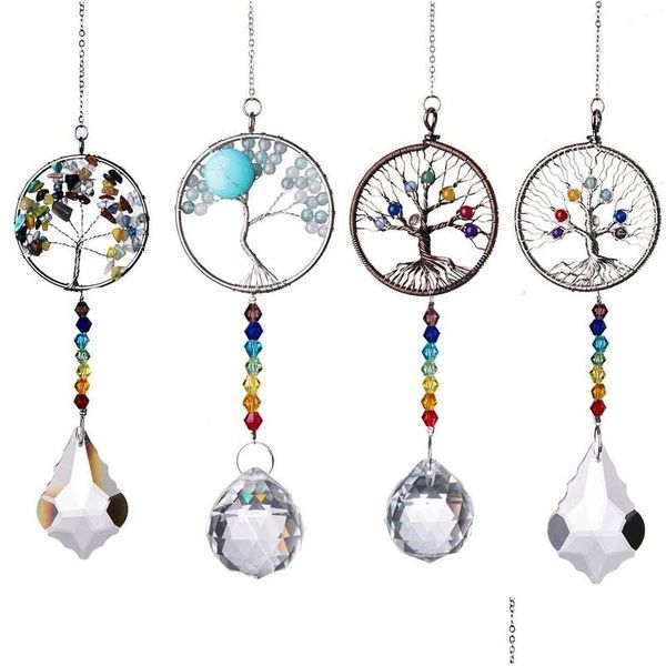 Ciondoli Colorf Tree Of Life 7 Chakra Crystal Ball Window Hanging Pendente Lampadario Decorazioni di nozze Ornamenti di prisma di Natale Drop De Dhjv7