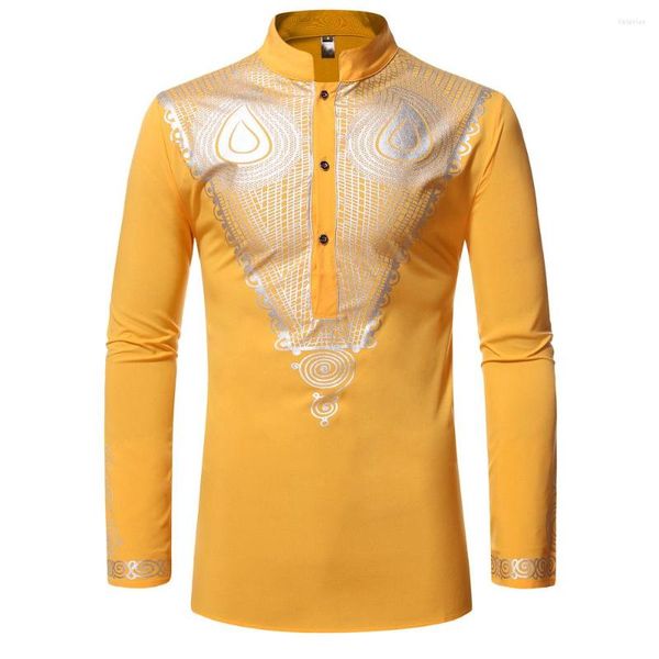 Männer Casual Hemden Männer Gelb Langarm African Dashiki Hemd Mandarin Kragen Hip Hop Ethnische Business Pullover Arbeit Büro Top