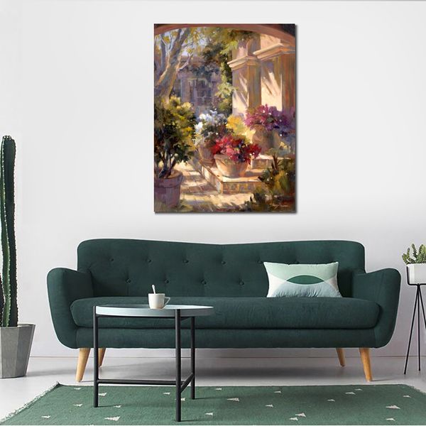 Arte de parede em tela impressionista feita à mão florida pintura de paisagem de pátio decoração contemporânea de banheiro