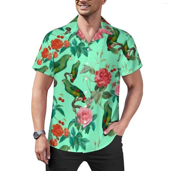 Herren-Freizeithemden, Papageienmuster, rote und rosa Rosen, Urlaubshemd, Sommer-Street-Style-Blusen, Herren-Druck, große Größe