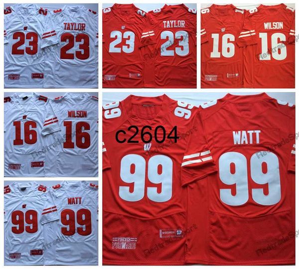c2604 NCAA Mens Wisconsin Badgers 99 JJ Watt 23 Jonathan Taylor College Football Maglie 16 Russell Wilson Red White University Camicie S-XXXL
