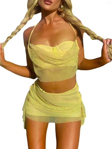 Vestido de duas peças feminino saia 2 conjunto de roupas sexy Y2k Fairy Slim sem mangas Crop top mini combinando clube festa V amarelo