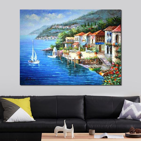 Paesaggio di campagna su tela, idillio estivo sul lago di Garda, pittura a olio fatta a mano, arredamento moderno e impressionista