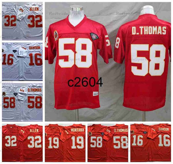 C2604 Vintage Mens 75th 58 Derrick Thomas Football Jerseys 16 Len Dawson 19 Joe Montana 32 Marcus Allen Stitched Shirts Red M-XXXL