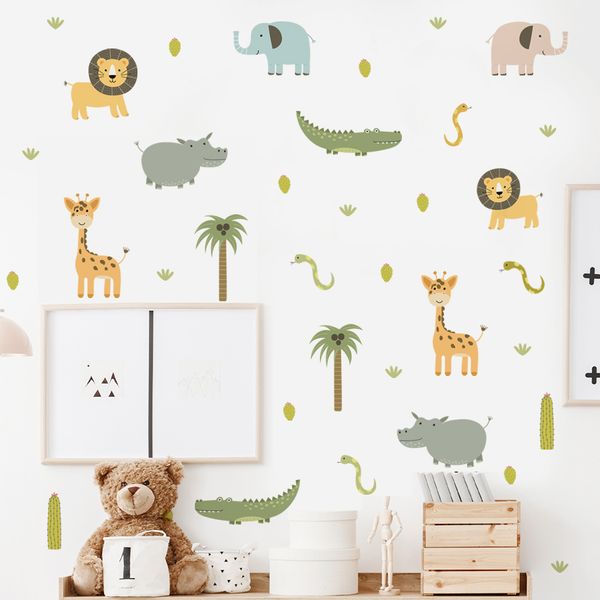 Acquerello Simpatico Cartone Animato Safari Animali Ippopotamo Elefante Nursery Wall Stickers per Camera dei Bambini Decorazioni per la Camera da Letto Stickers Murali Carta da Parati