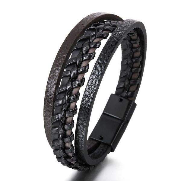 Bangel PU Leder Armband Manschette schwarzer mtilayer geflochtener Magnetverschlussknopf Armbänder für Männer Mode Schmuck Drop Lieferung DHGXP