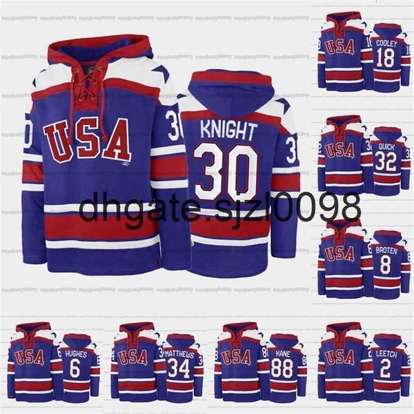 SjSj98 Custom USA Hockey Team Lace-Up Relate Felpa con cappuccio 34 Auston Matthews 6 Jack Hughes 88 Patrick Kane 30 Spencer Knight 32 Jonathan Quick 2 Brian