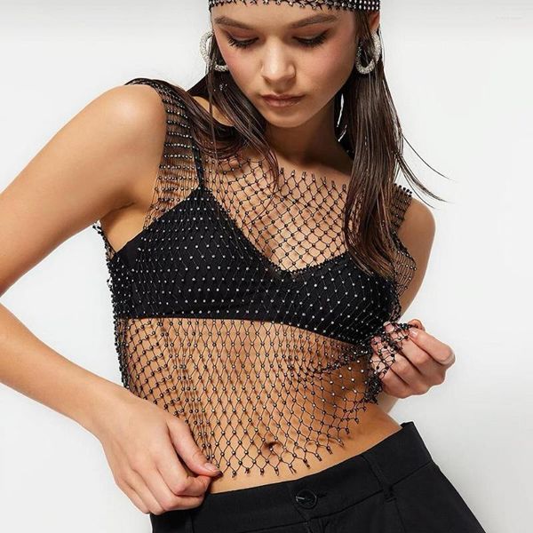 Regata Feminina Verão 2023 Regata Feminina Sexy Diamonds Mesh Cropped Sem Mangas Strass Net Party Club Crop