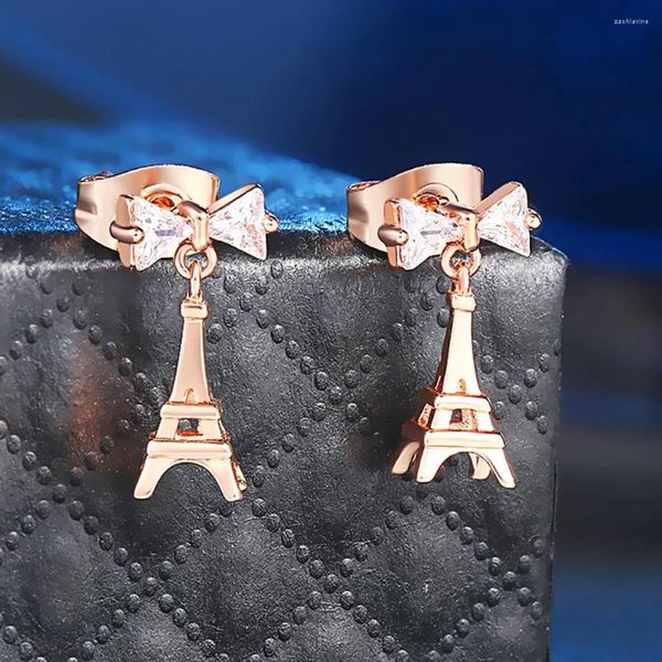 Brincos Pendentes Torre Eiffel Para Mulheres Exclusivo Bowknot Cristal Rosa Cor Dourada Brincos Acessórios Moda Jóias