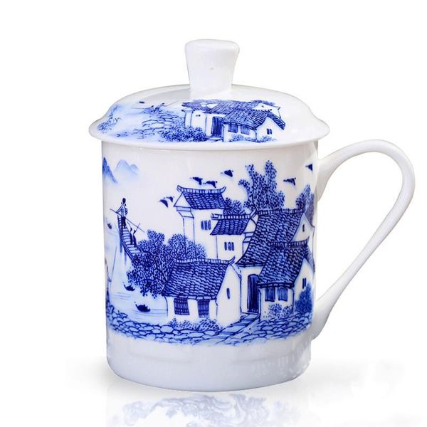 Teaware estilo chinês osso china jingdezhen porcelana azul e branca xícara de chá escritório bebida copo de água com tampa viagem teaware