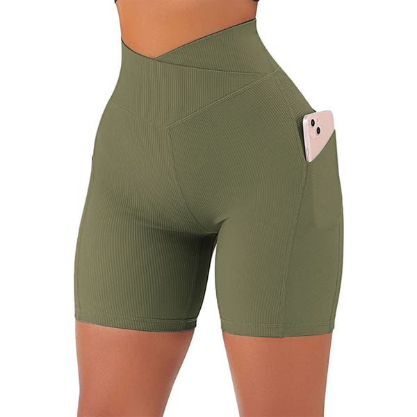 Ll yoga shorts ribber das mulheres esportes calças de cintura cruzada com bolsos correndo fitness elástico ginásio roupa interior treino leggings curtos a1005