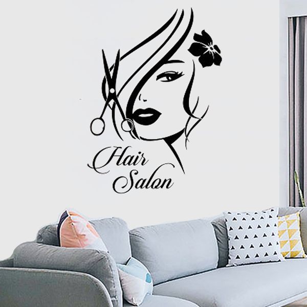 Decalque de vinil de parede para casa decoração de arte adesivo de salão de cabeleireiro menina com tesoura de cabelo estiloso quarto removível mural elegante
