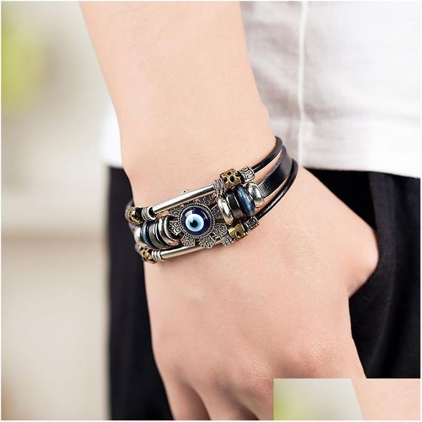 Charm Bracelets Punk Turco Evil Eye Aço Inoxidável Bend Mtilayer Pulseira de Couro Homem Mulher Flor Jóias Pulseira Bijuteria Drop Dhvg5