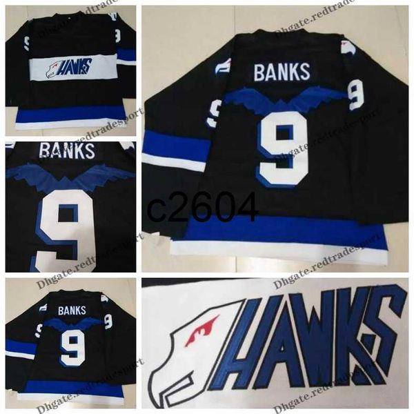 C2604 Mens Vintage Movie Hawks Adam Banks Хоккейные майки #9 Черные сшитые рубашки S-XXXL Хорошее качество