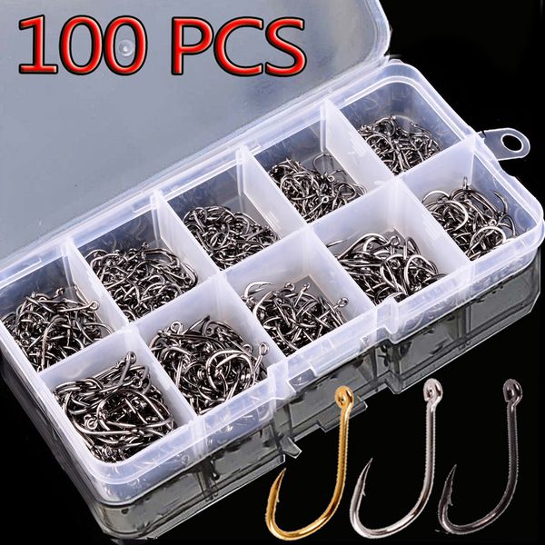 Angelhaken Aorace 100 Stück Set Kohlenstoffstahl Einzelkreishaken Fly Jip Barbed Carp Sea Tackle Zubehör 230606