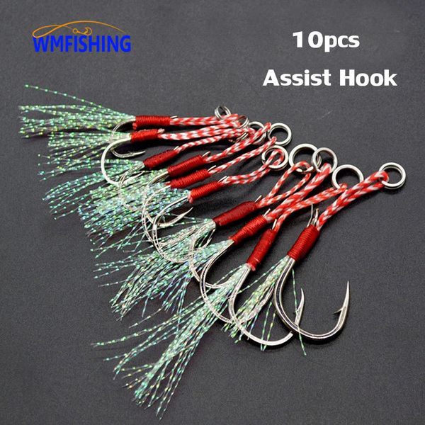 Anzóis de pesca 10 pçs Lote Jigging lento Jigs fundidos Assist Hook Farpado Single Jig Thread Feather Pesca High Steel Steel Lure 230606