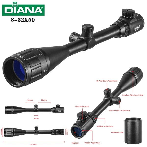 DIANA 8-32X50 Tactical Rifle Ottica Red Dot Green Sniper Scope Compact Caccia Cannocchiale Collimatore Cross rifle sniper Sight