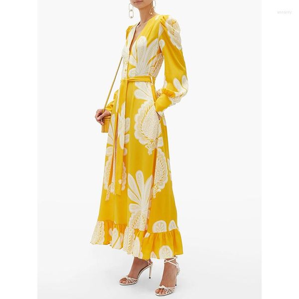 Abiti casual da vacanza Bohemian Giallo stampato floreale lungo per le donne 2023 Summer Boho Elegante abito con maniche con scollo a V e volant