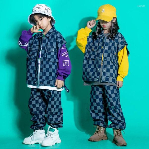 Vestuário de palco para crianças mostrando roupas de kpop roupas de hip hop xadrez jaqueta jeans colete calças de corrida para menina menino jazz traje de dança