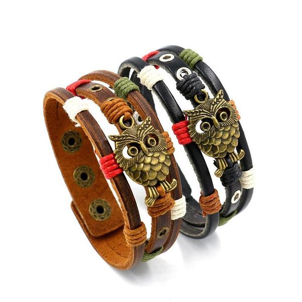 Charm Bilezik Kuş Baykuş Mtilayer Deri Bileklik Bangle Kuff Sargı Siyah Kahverengi Düğme Kadınlar İçin Ayarlanabilir Bilek Bantları Moda Je DHFC4