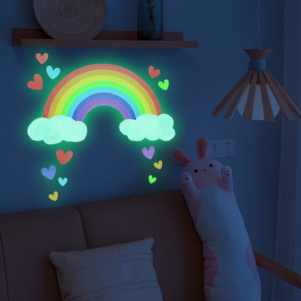 Cartoon Regenboog Wolken Lichtgevende Muursticker Voor Baby Kinderkamer Slaapkamer Woondecoratie Behang Glow In The Dark Stickers
