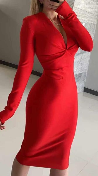 Casual Kleider 2023 Frauen Farbe Mode Hohe Qualität Rot Blau Weiß Braun Langarm V-ausschnitt Bandage Party Kleid Großhandel