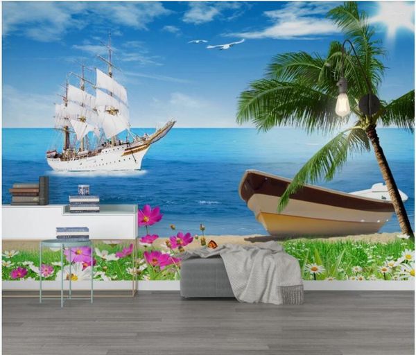 Sfondi WDBH Custom Po Carta da parati 3d Summer Beach Coconut Tree Balcone Scenery Room Decor Murales per pareti 3 D